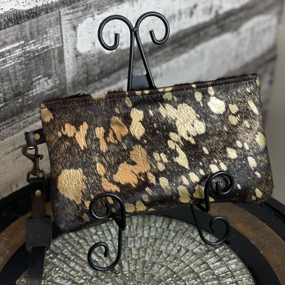 Chocolate brown with gold metallic flecks our one-of-a-kind acid wash wristlet. - Picture 4 of 6